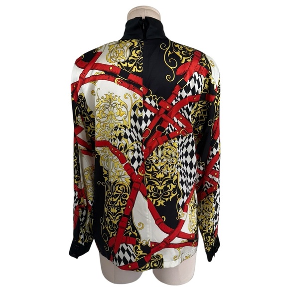 Vintage Escada Baroque Belt Print Mock Neck Silk Charmeuse Blouse Medium/Large - Picture 5 of 11